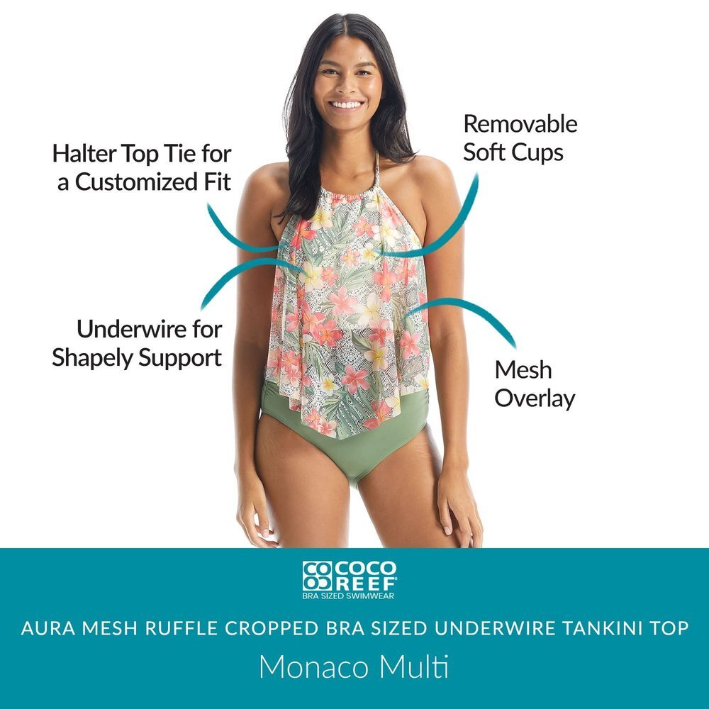 COCO REEF Aura Mesh Ruffle Bra Sized Cropped Tankini Top � High Neck Floral - Picture 4 of 5